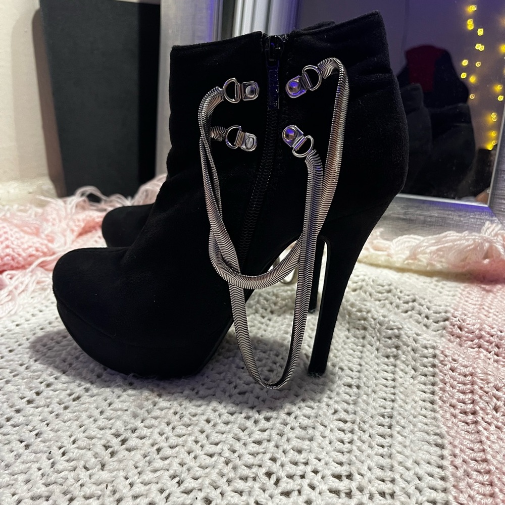 Black Ankle Boot Heels w/ Silver Chain Detail